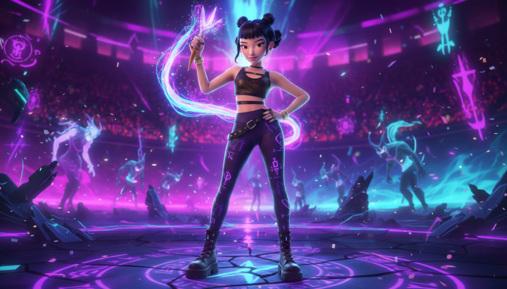 Zoey Kpop idol demon hunter smiling confidently, vibrant colors, fantasy style