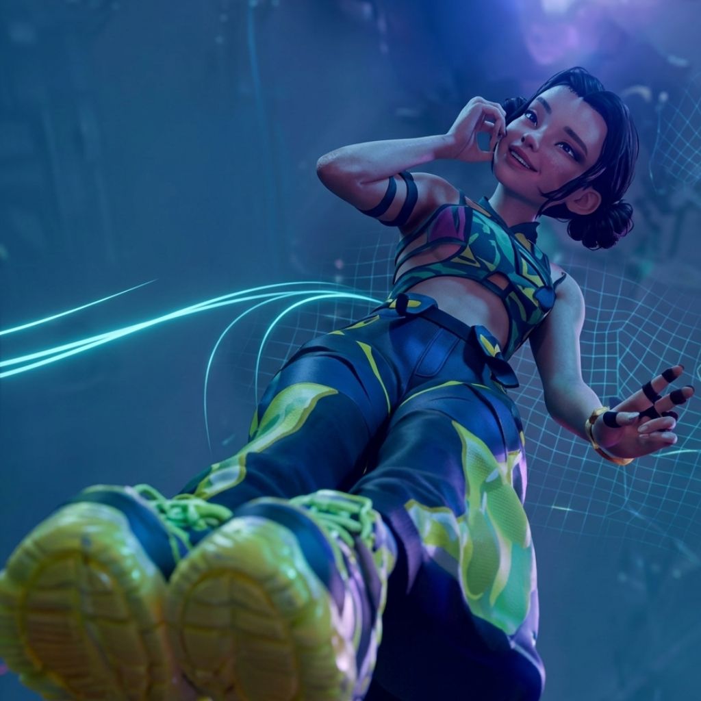 Zoey in a futuristic silver outfit appears to be levitating in a surreal