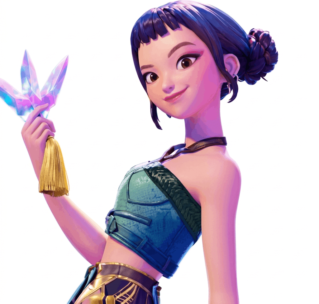 Zoey in blue dress holding a sword