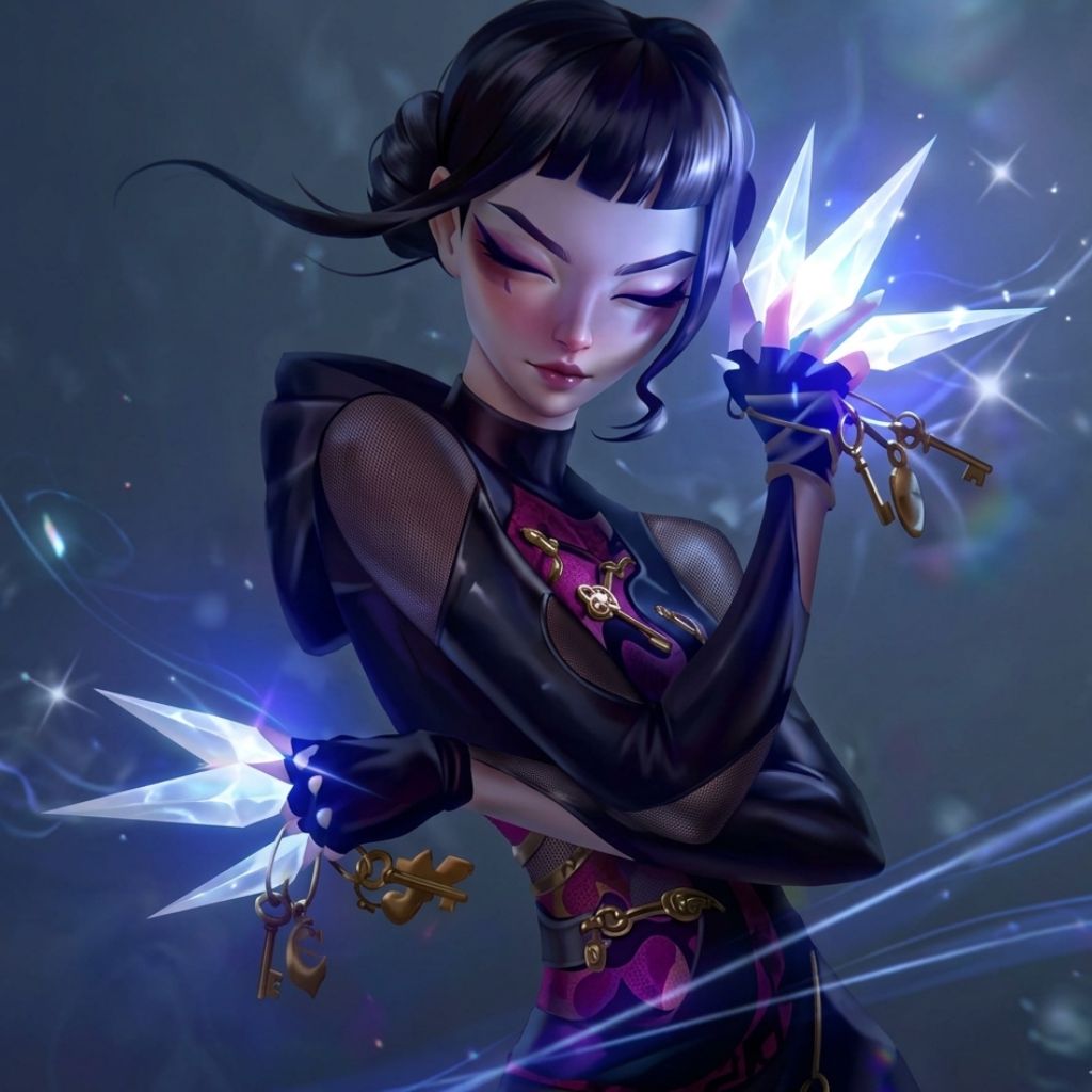 Zoey with black hair wearing purple clothes holds two glowing lights
