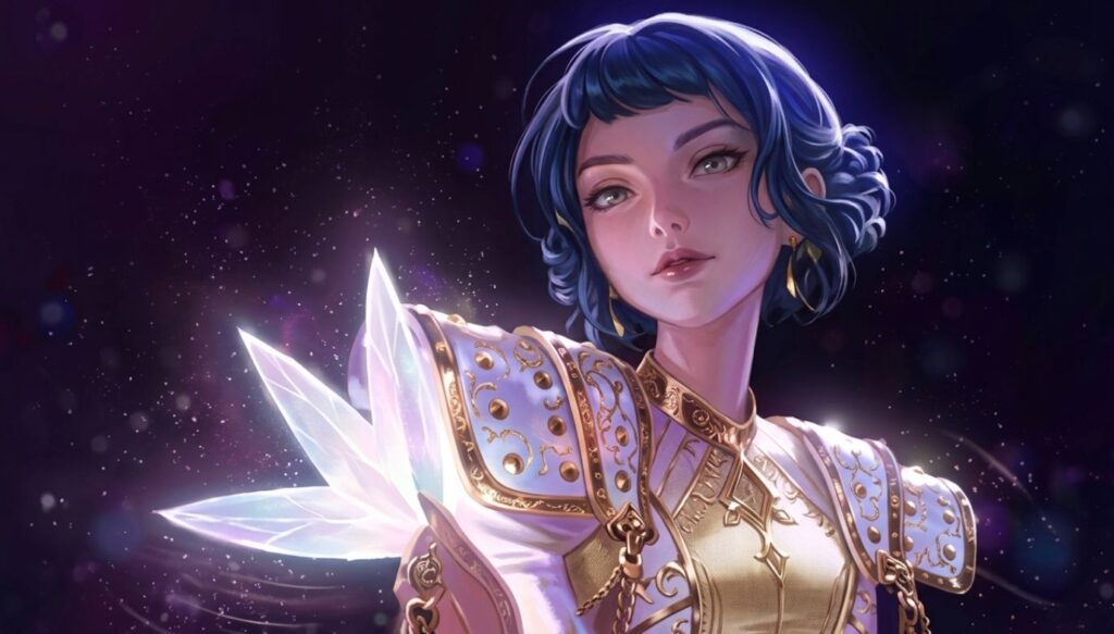 Zoey with blue hair and gold dress holding a crystal