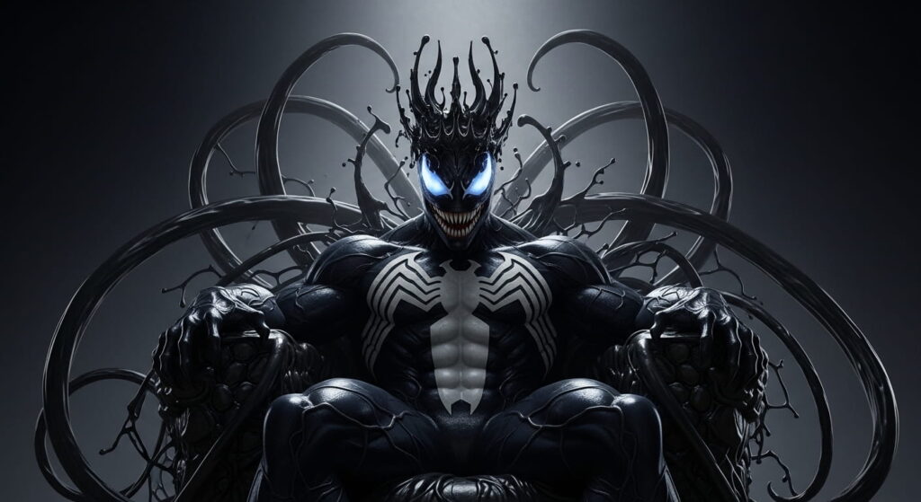 a powerful venom villain sitting on a dark throne