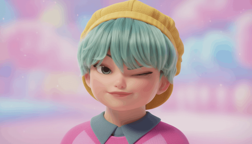 baby saja character, mint green short hair, yellow beanie cap