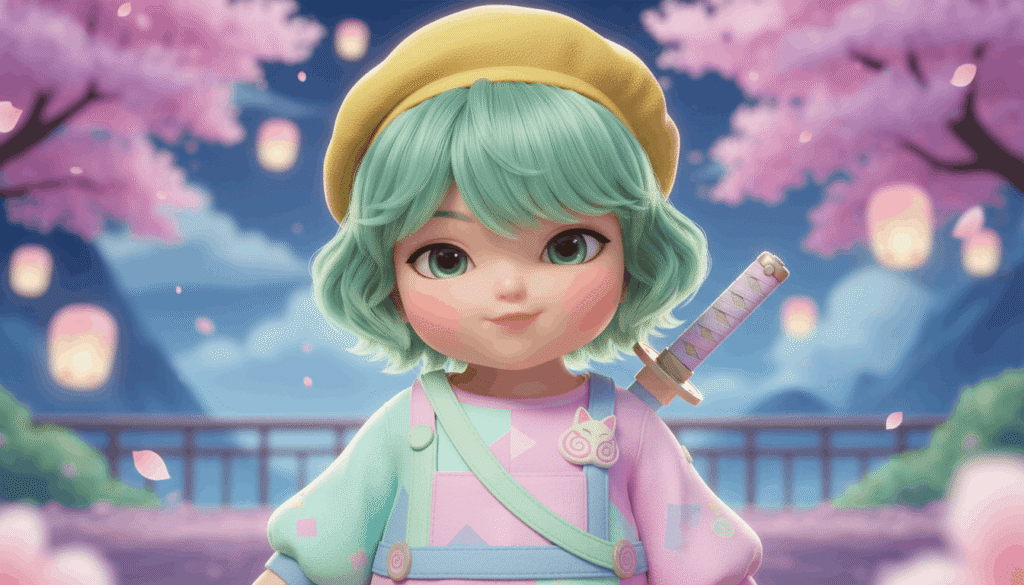 cute baby saja with green hair and yellow hat