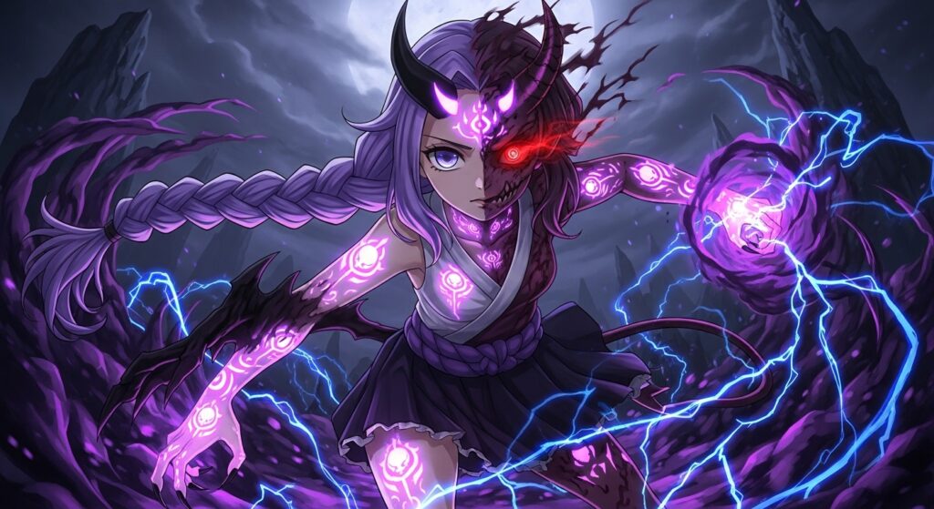fierce demon featuring vibrant purple hair and sharp horns
