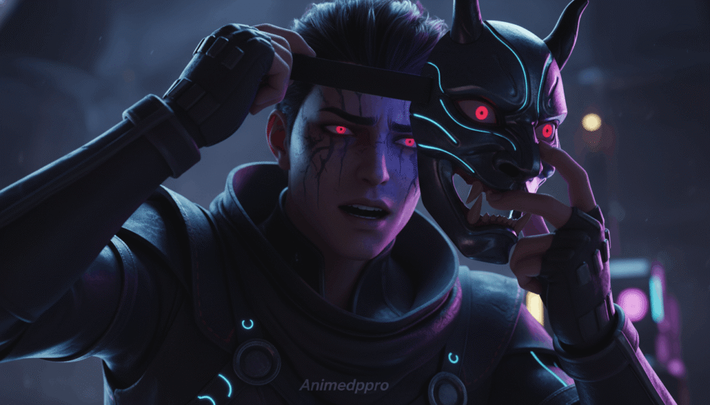 kpop demon hunter removing mask revealing demon face