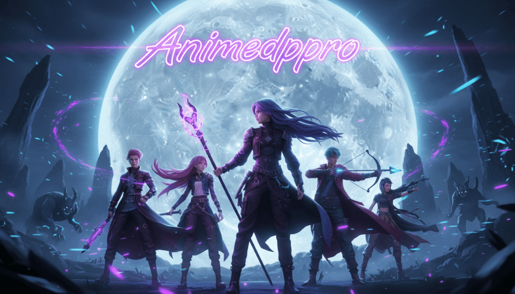 kpop demon hunters standing under giant glowing moon