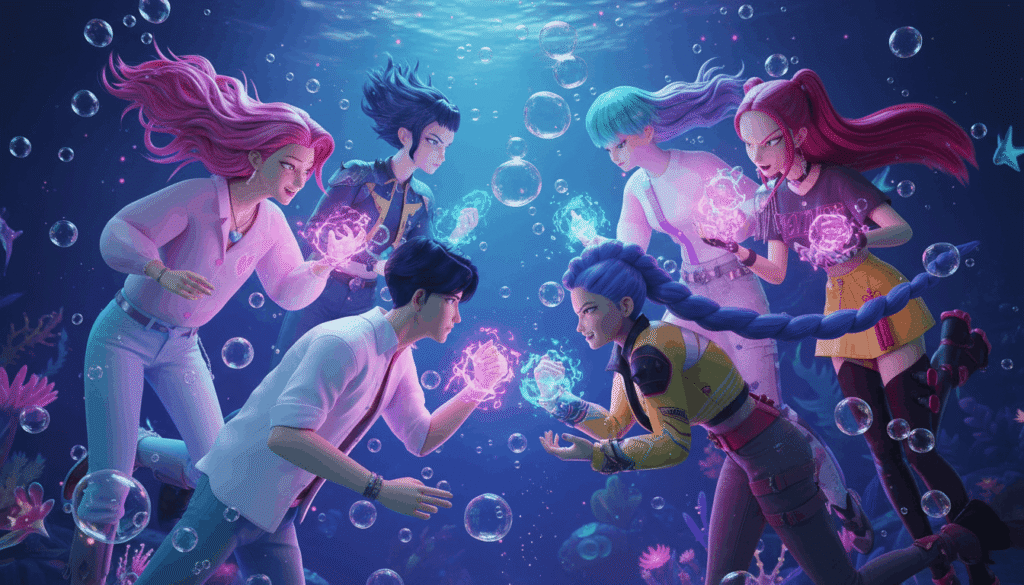kpop demon hunters underwater with glowing powers