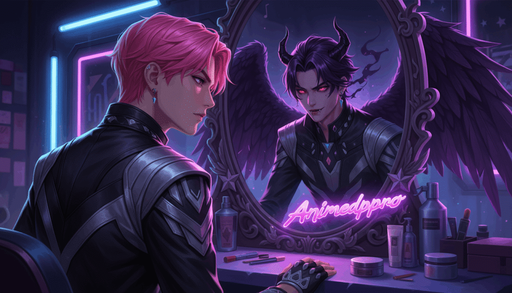 kpop idol looking in mirror, reflection shows demon version