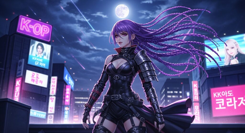 nime girl with purple hair standing confidently on a rooftop