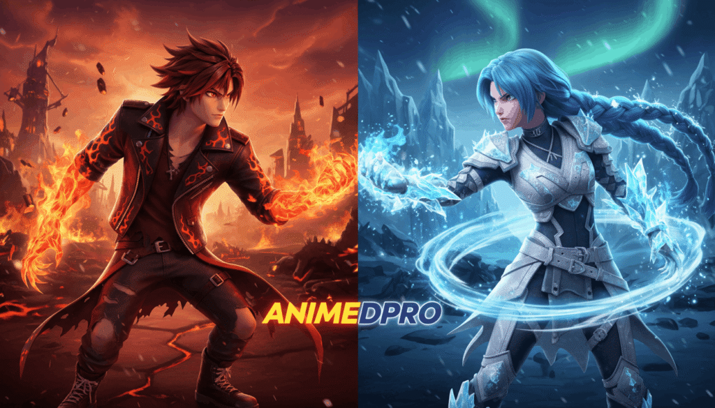 two kpop demon hunters, one fire element one ice element