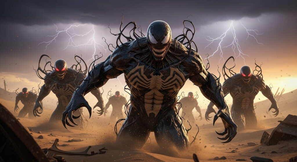 venom-style symbiote villains in desert