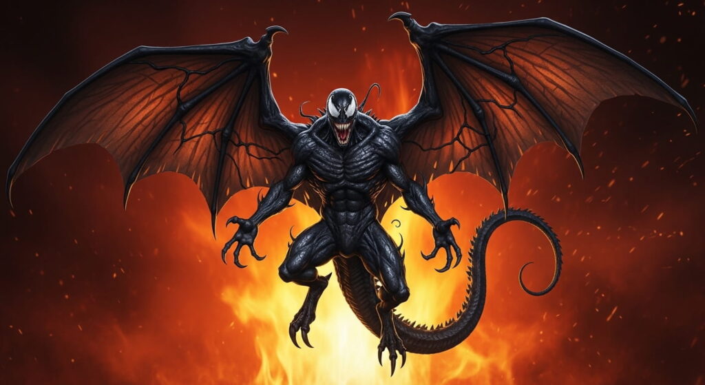 venom symbiote mixed with dragon creature, wings