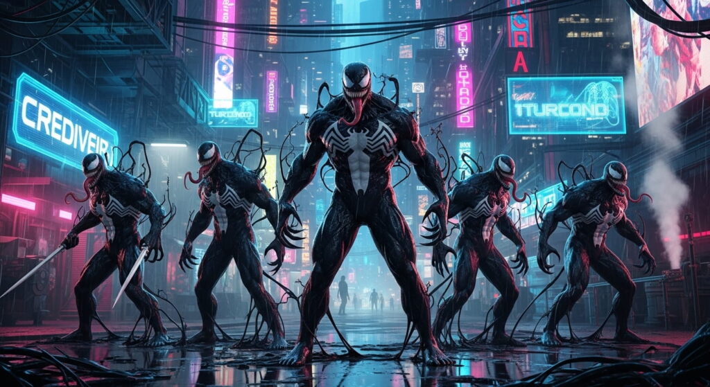 venom symbiote villains in cyberpunk city