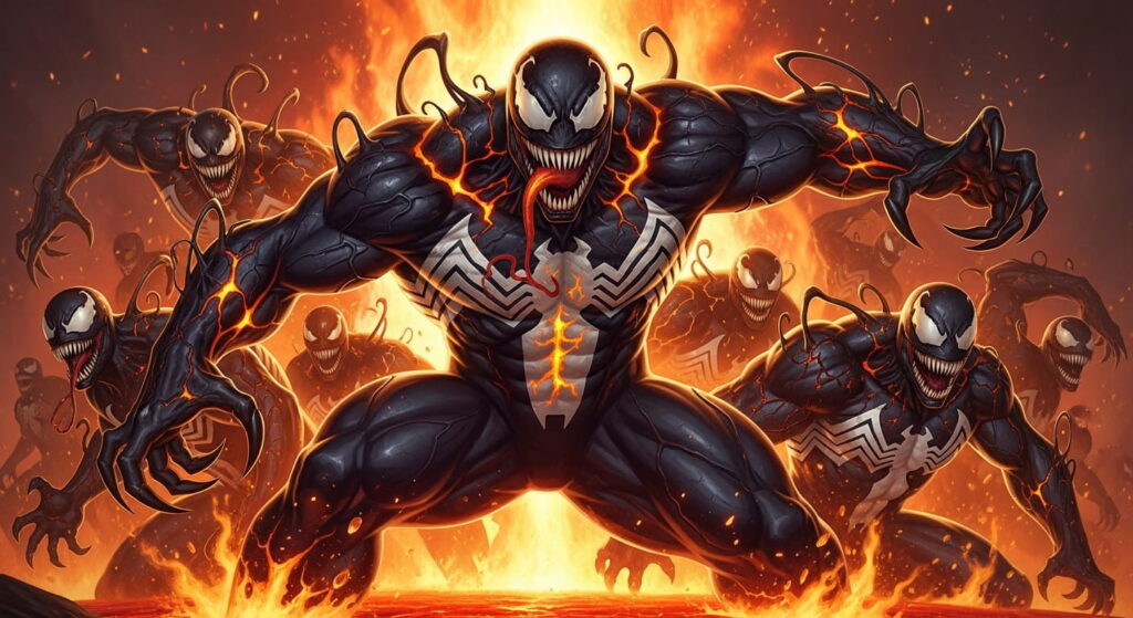 venom symbiote villains with lava flowing through their bodies