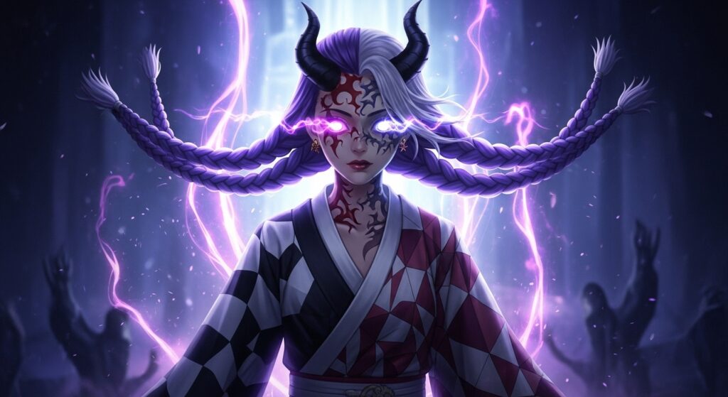 woman with purple hair and horns stands against a dark background