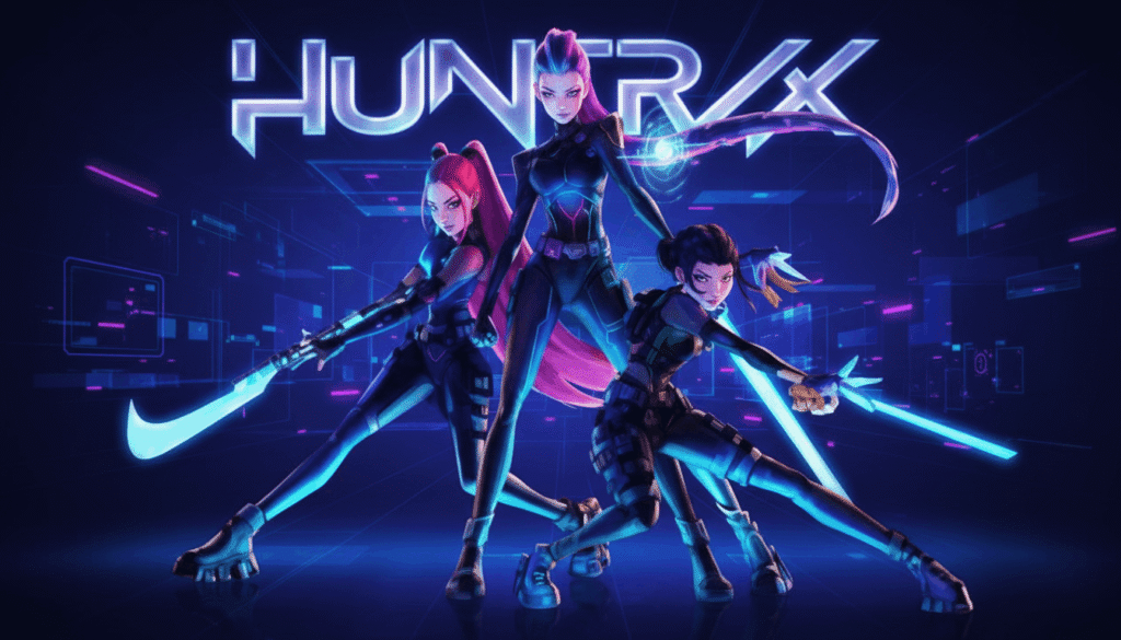 A futuristic neon cyberpunk trio of female warriors standing in a powerful pose