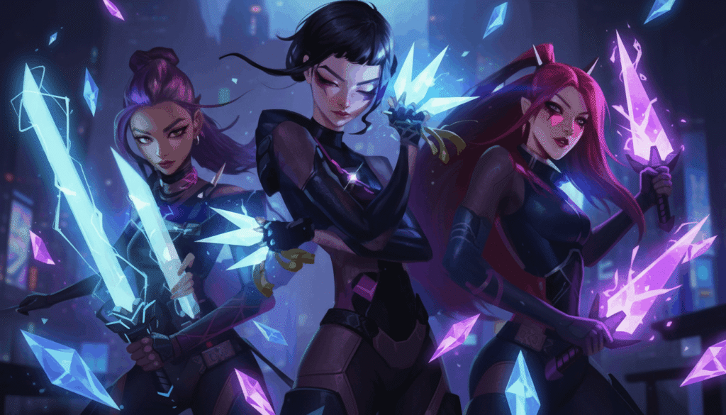 Three futuristic cyberpunk Kpop Demon Hunter female warriors in a close-up composition