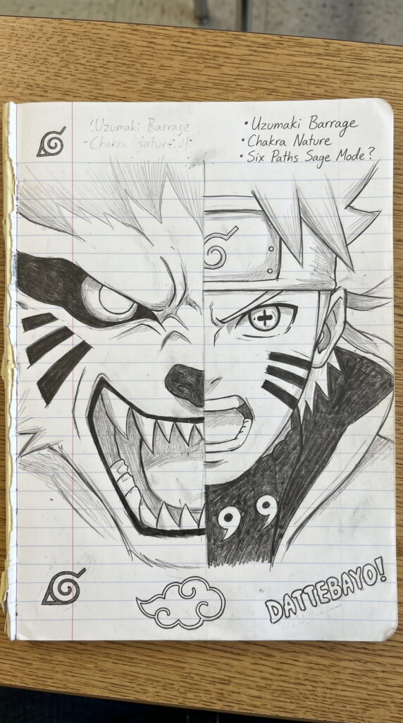 A notebook featuring a drawing of Naruto