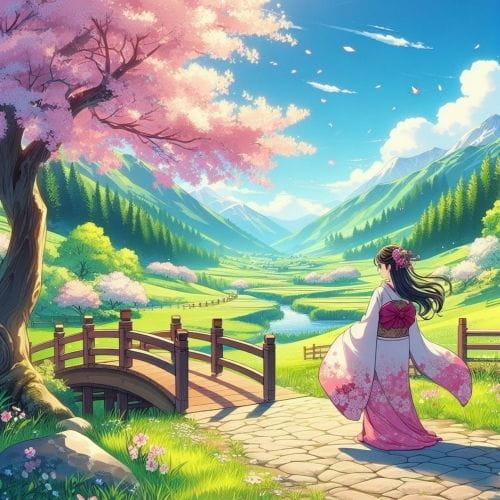 A woman in a kimono walks along a path beside a blooming cherry tree