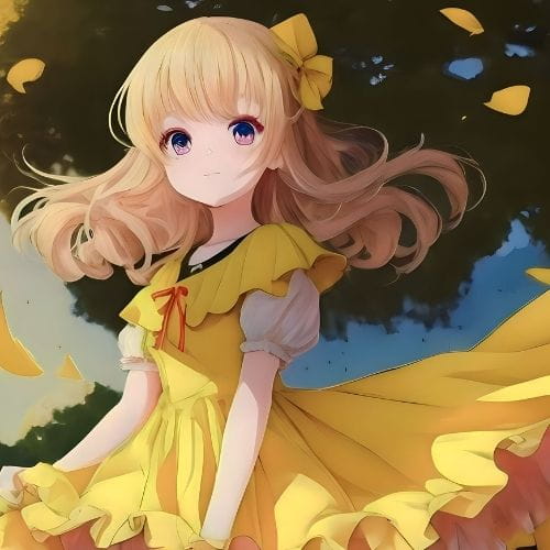 Anime girl in a yellow dress surrounded by falling leaves