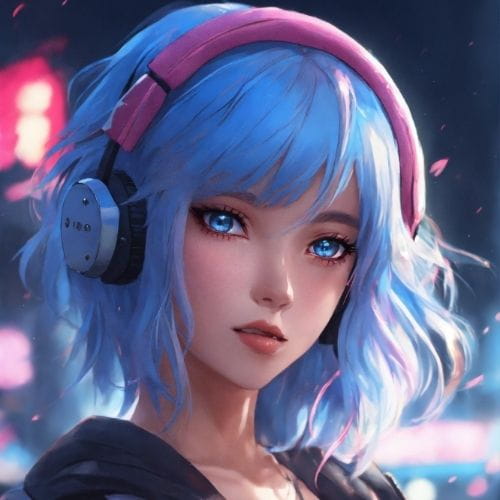 Anime girl with blue hair wearing headphones