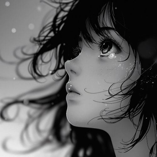Anime girl with long hair depicted in a striking black and white illustration