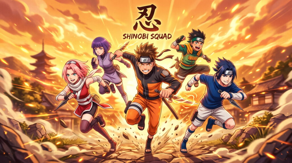 Anime ninja squad in motion, team of 5 characters running toward viewer