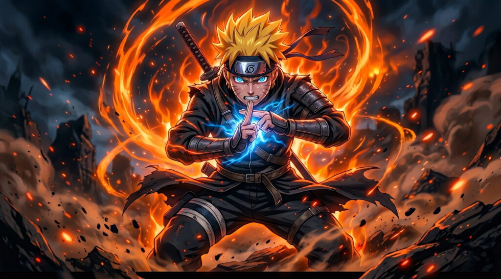 Anime ninja warrior with spiky blond hair and intense blue eyes
