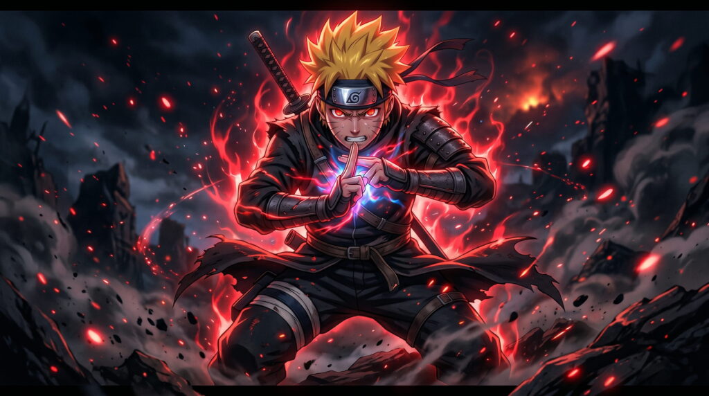 Anime ninja warrior with spiky golden hair and glowing red eyes