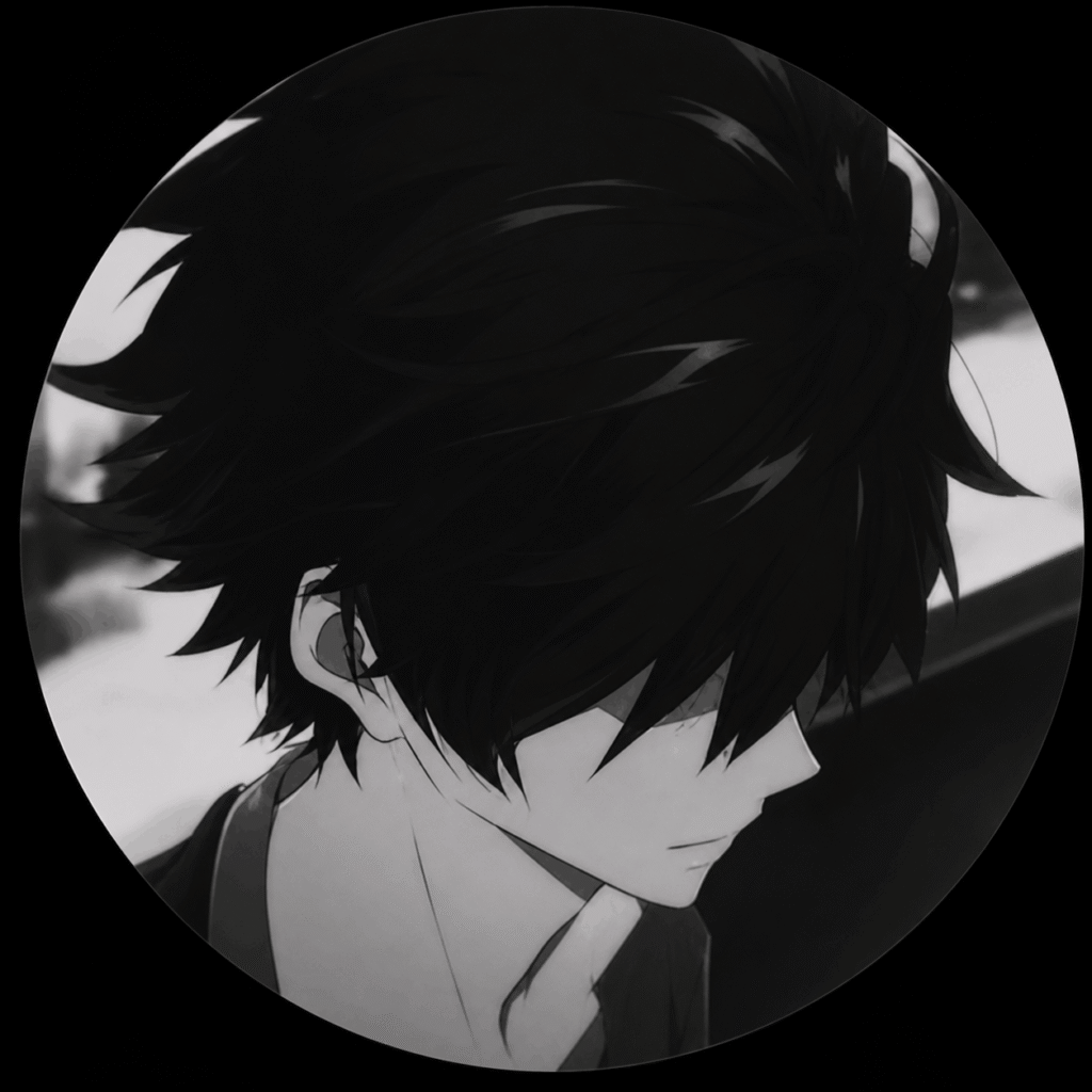 Black and white anime boy in side profile with messy hair inside circular frame