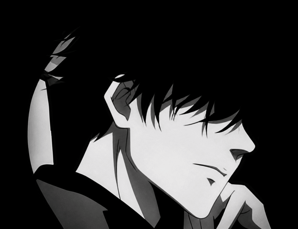 Black and white anime boy side profile with messy hair and serious expression