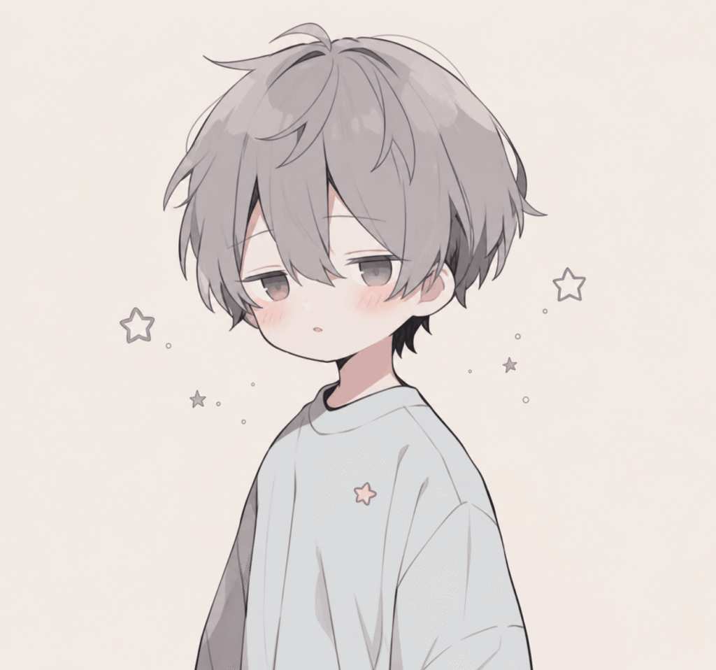 Cute anime boy with soft gray hair and sleepy eyes