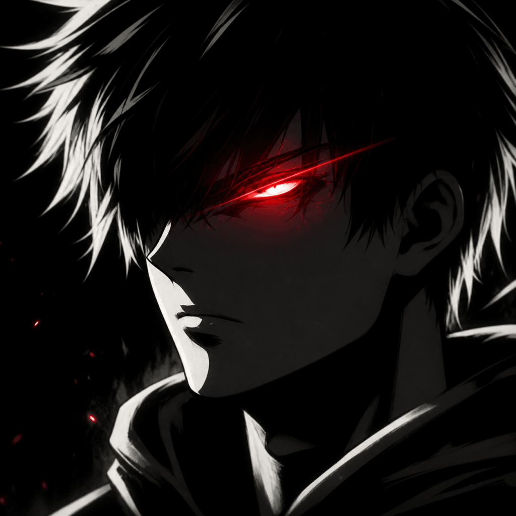 Dark anime boy with glowing red eye and shadowed face