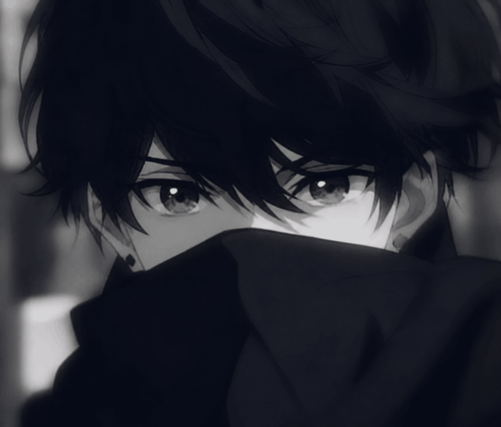 Dark anime boy with messy black hair covering his face