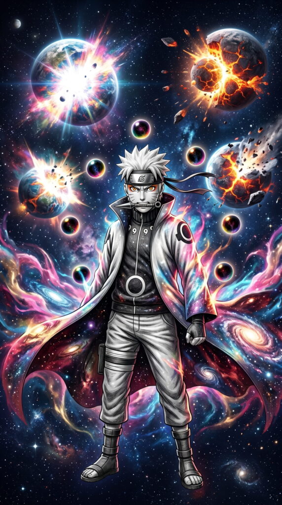 Naruto floating in space surrounded by colorful planets