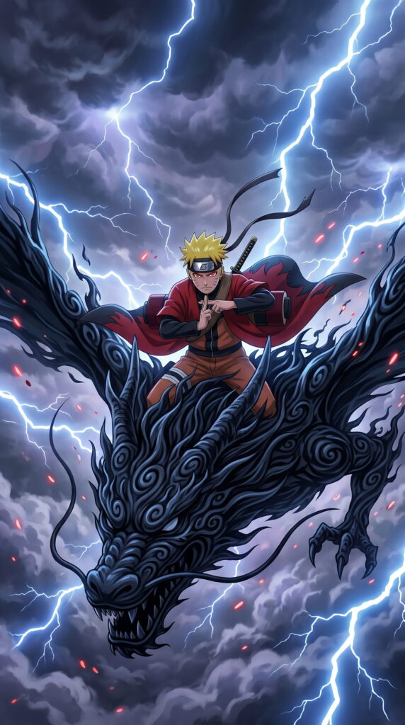Naruto rides a dragon through a stormy sky