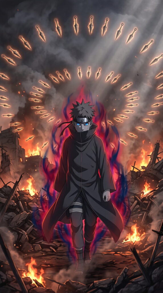 Naruto stands amidst swirling fire and smoke