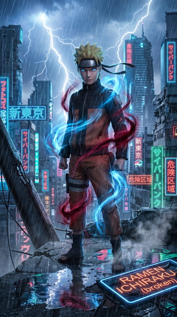 Naruto stands in a vibrant city illuminated
