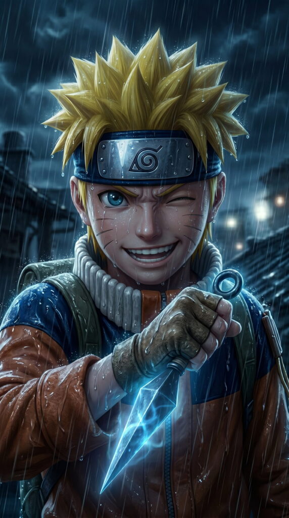 Naruto stands in the rain, gripping a knife