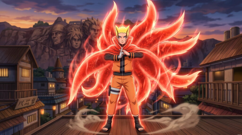 Powerful Naruto Shippuden standing confidently in a village