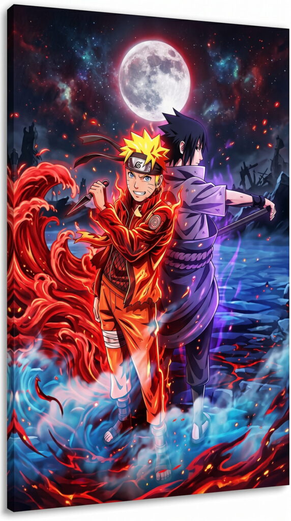 Two Naruto characters stand in the ocean under a bright full moon
