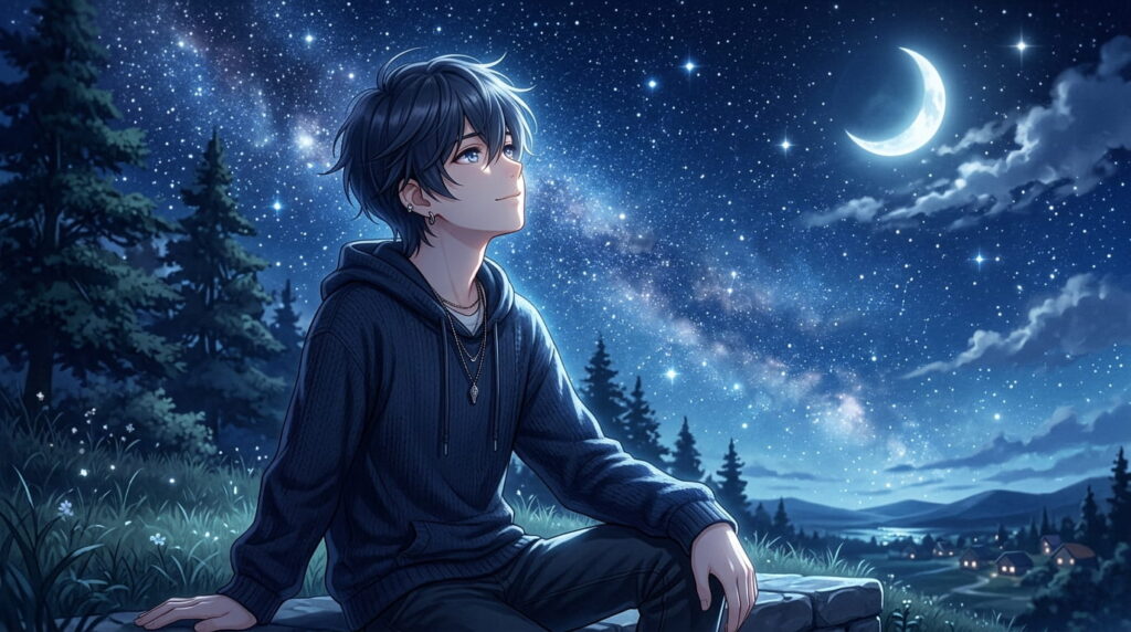 anime boy under starry sky