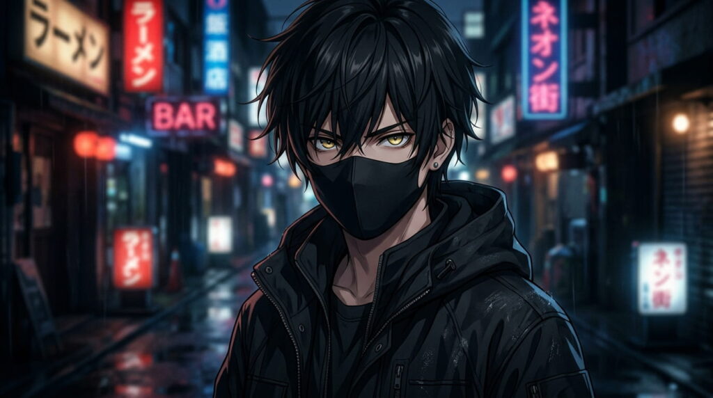 anime boy wearing black mask, sharp eyes visible
