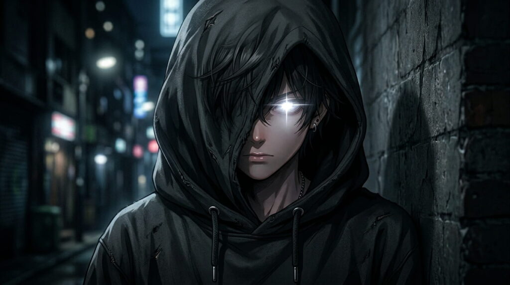 anime boy with messy black hair, glowing grey eyes