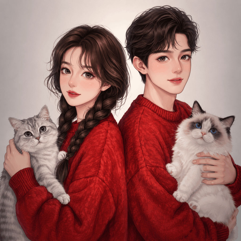 A couple in red sweaters holds two cats