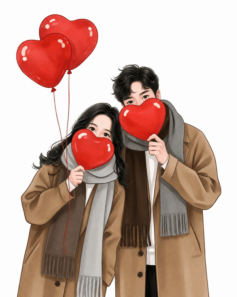 A couple joyfully holding red heart-shaped balloons