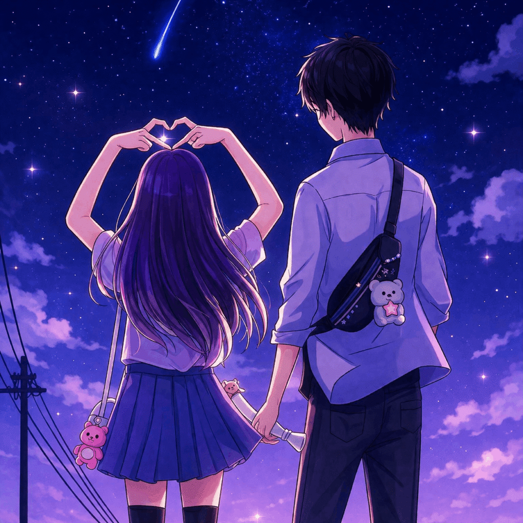 A romantic anime couple stands hand in hand