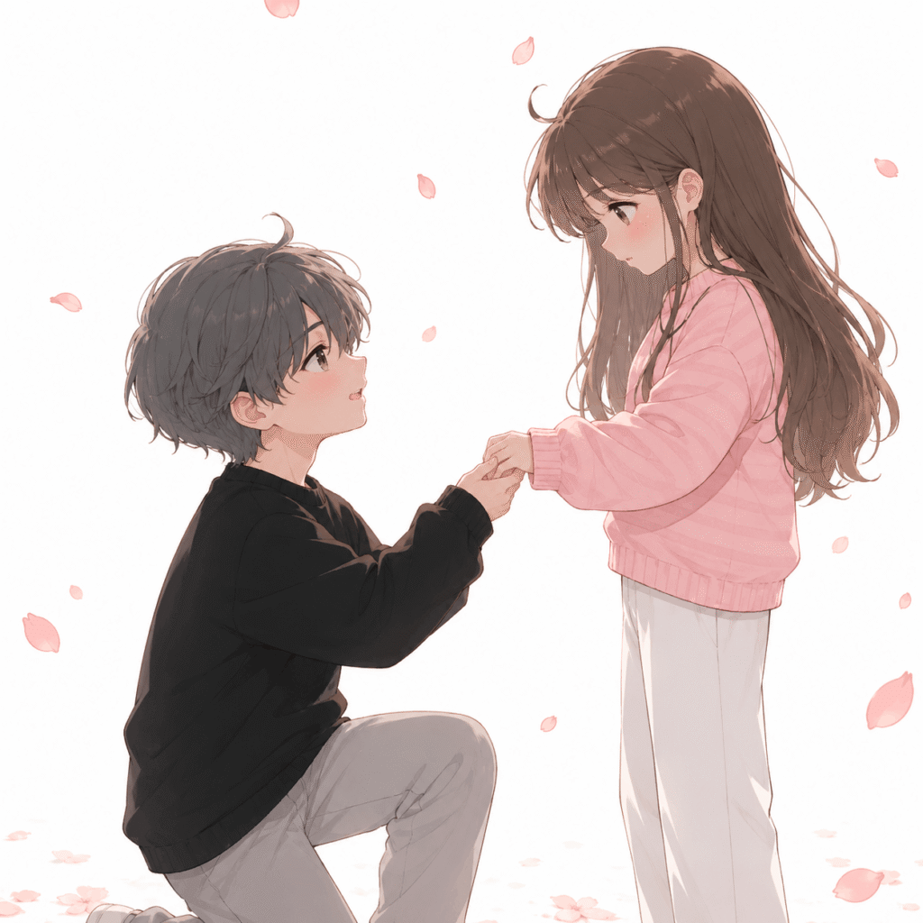A romantic anime couple stands together