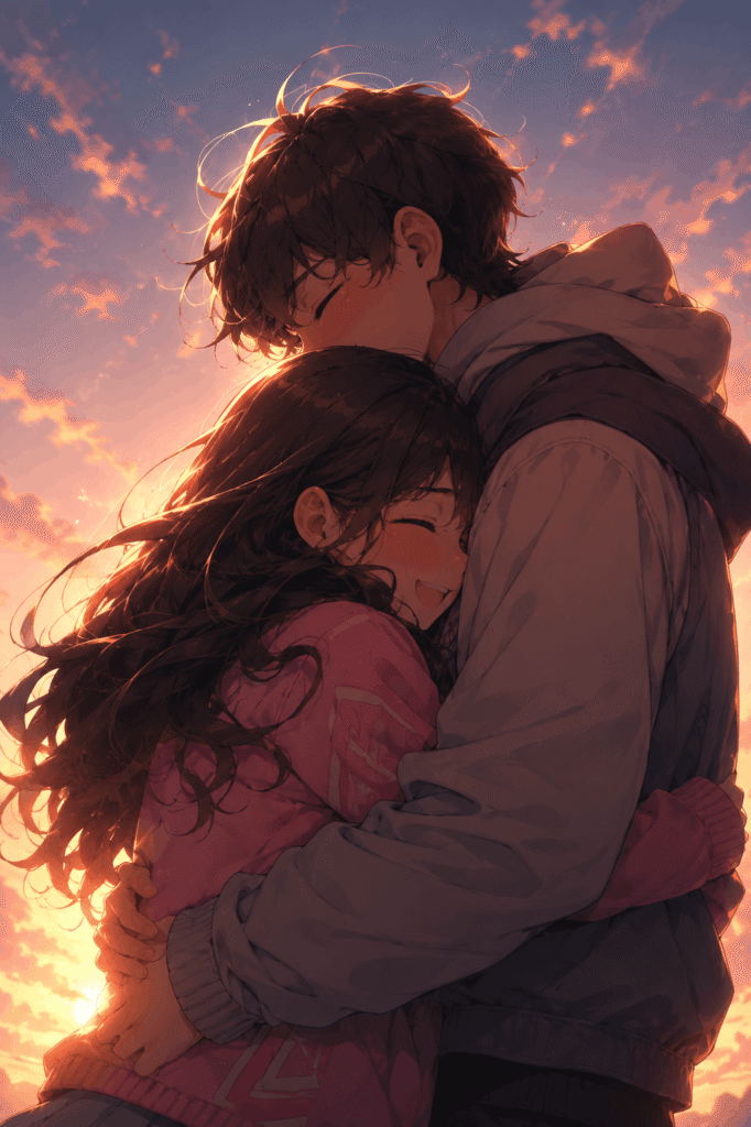 A romantic scene of an anime couple hugging as the sun sets